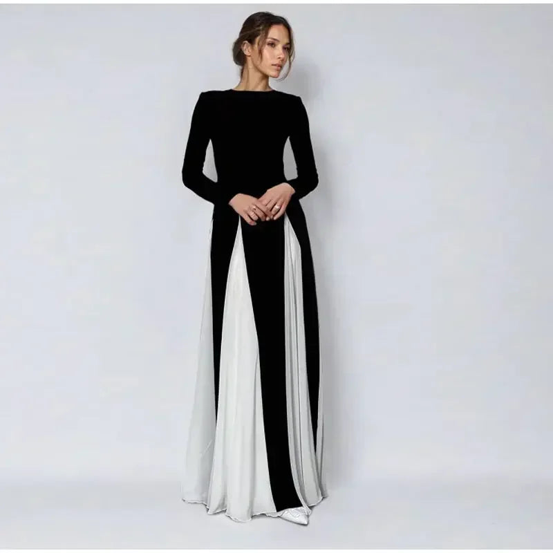 Elegant Black White Patchwork Maxi Dresses Women Fashion O-neck Long Sleeves Slim Dress New Female Evening Party Robes - Seprincess