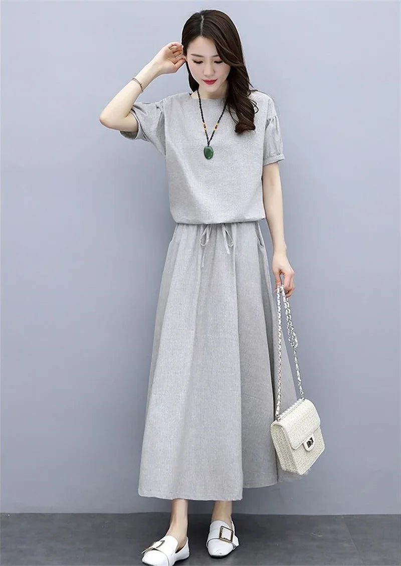 Cotton Linen Skirt Two-Piece Women's Summer 2024 New Set Slim Skirts Sleeve Suit Skirts Fashion 2PCS Temperament Female Outfit