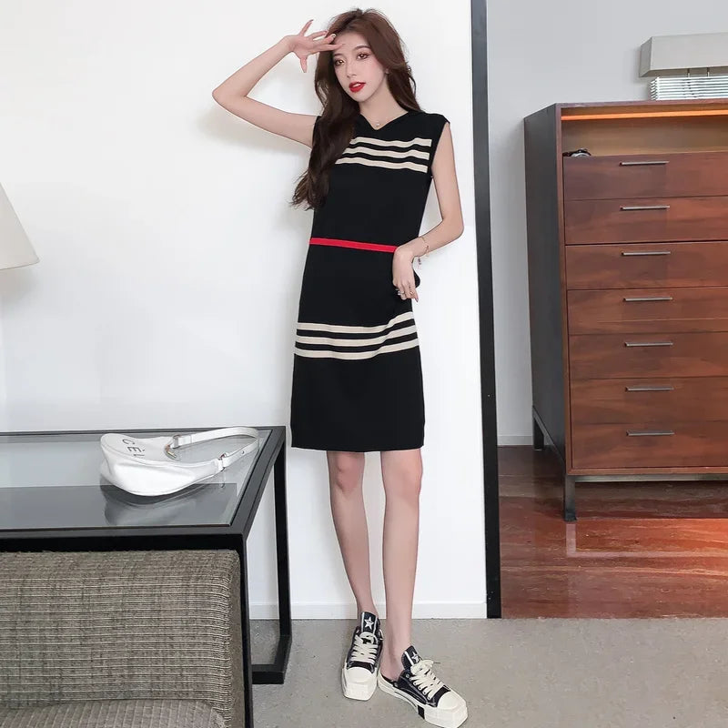 YUQI Basic Striped Knitted Dress Summer Casual Loose Hooded Sleeveless Knee-Length Dresses for Women 2024 Elegant Sweet Vestidos - Seprincess