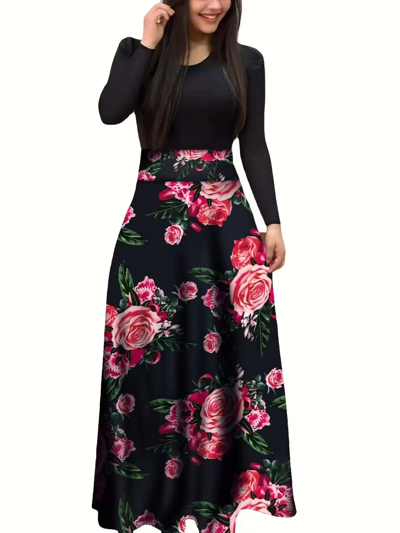 Autumn hot selling European and American flower color matching dresses, long dresses, women's clothing in stock - Seprincess