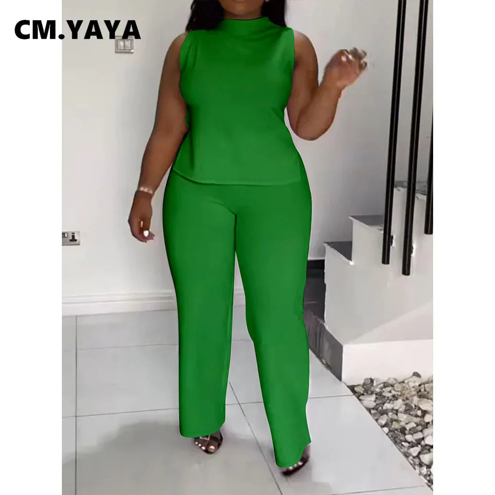 CM.YAYA Women's Set O-neck Sleeveless T-shirt Vest and Pants Suits Street Sweatsuit Two 2 Piece Set Outfit street 2024 Tracksuit - Seprincess