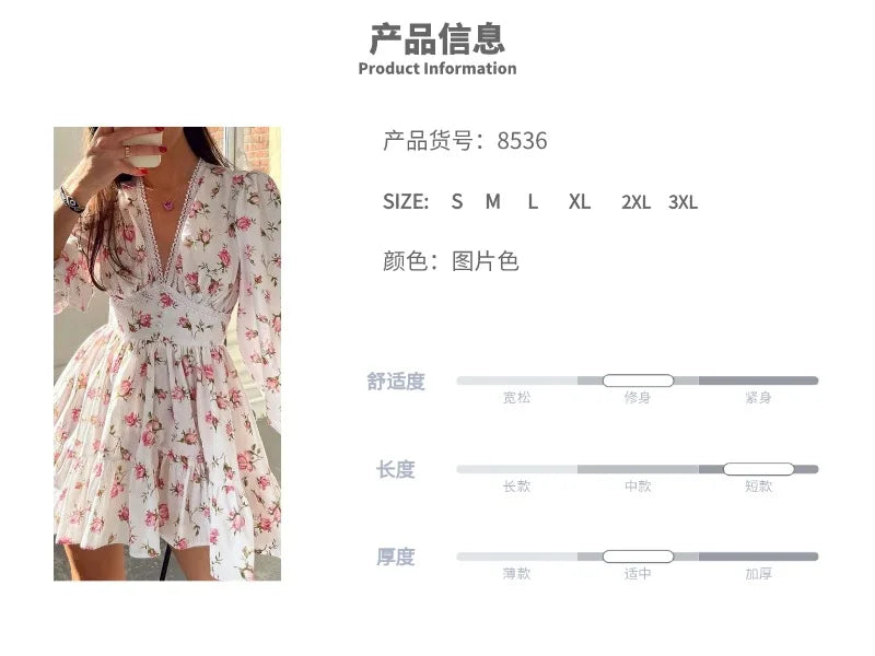 Women's Elegant Midi Vacation 2024 Summer Women's New Style Temperament Sweet Fashion Print V-neck Lace Edge Short Dress - Seprincess