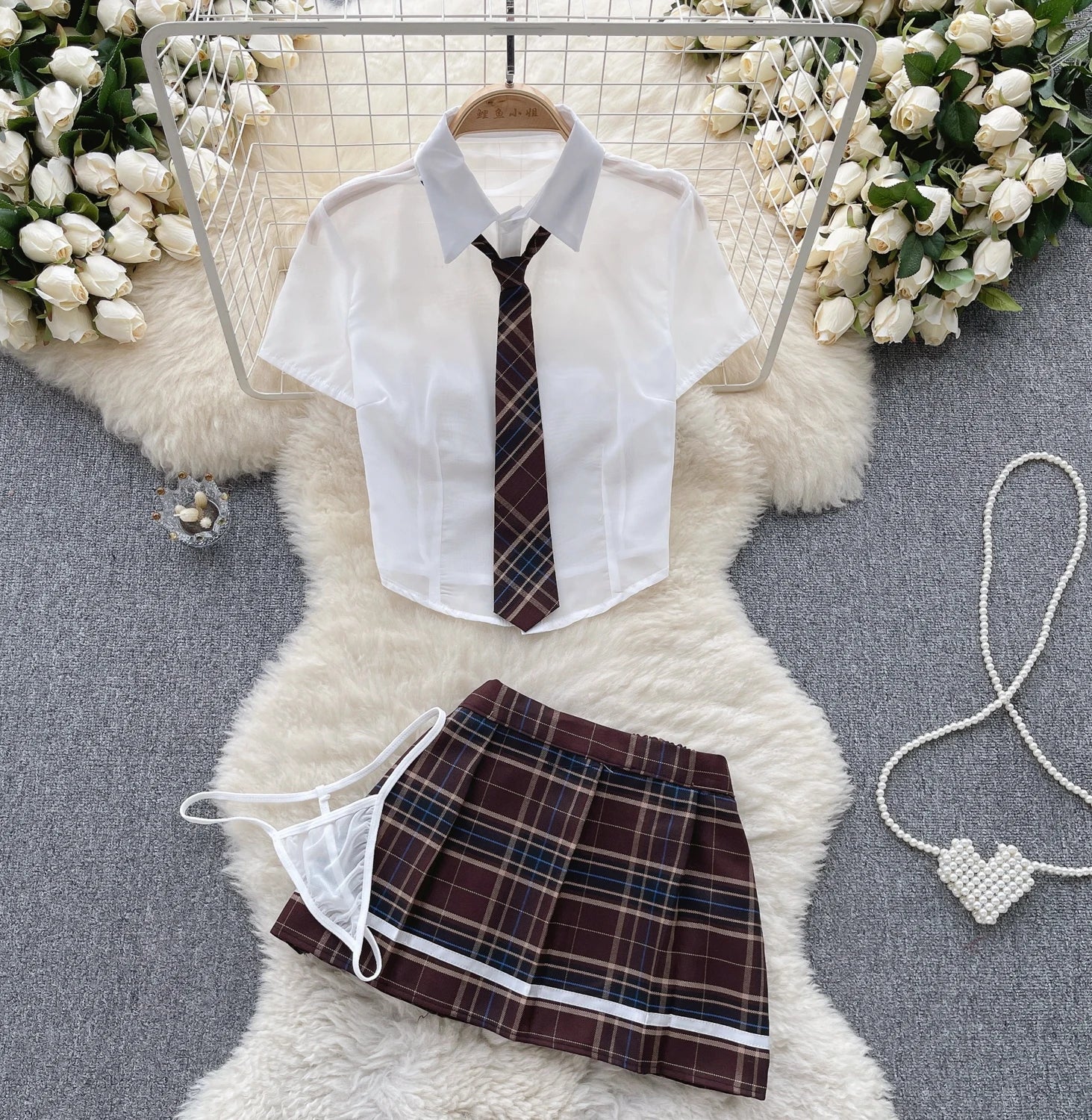 SINGREINY Plaid JK Uniform Erotic Suits Lingerie Female Short Sleeve Blouses+Pleated Skirts Suits Women Cosplay Sheer Sexy Sets - Seprincess