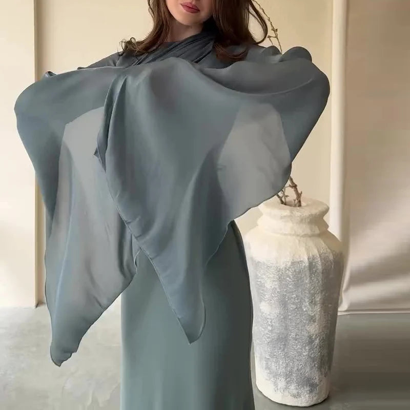 Fashion Satin Solid Robe Dress Ladies Temperament O-neck Slim Evening Dress Elegant Batwing Sleeves High Waist Pleats Long Dress - Seprincess