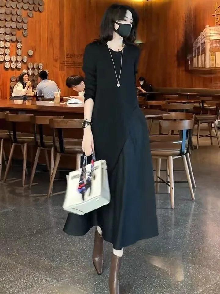 Women's Lyrical Party Dresses Long Sleeve Fake Two Piece Dress Round Neck Pure Black Skinny Casual Business Office Streetwear - Seprincess