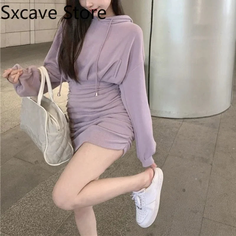 High Waist Hoodies Dress Women Casual Long Sleeve Sexy Y2k Mini Dress 2024 Autumn Design One Piece Dress Korean Kawaii Clothing - Seprincess