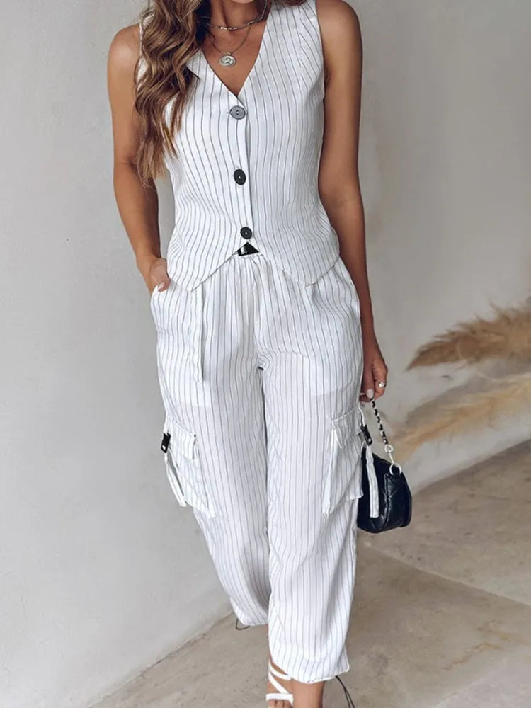 V-neck Striped Vest Two Piece Set Women Casual Street Button Sleeveless Vest Pocket Long Pants 2 Piece Sets For Women Outfits - Seprincess