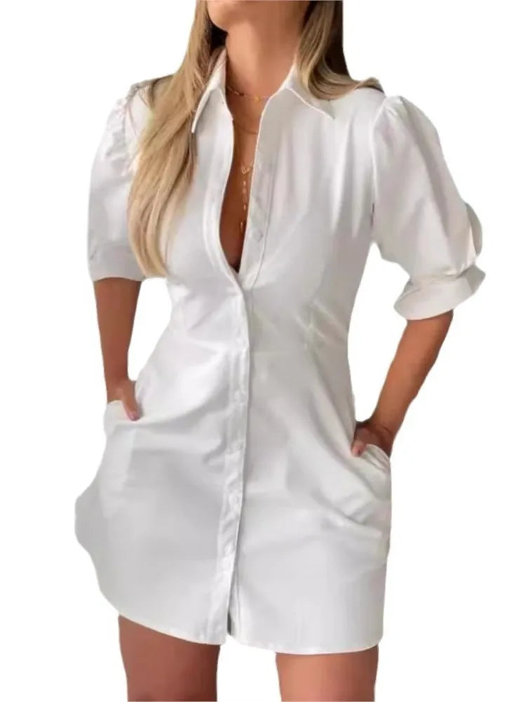 Summer Fashion White Turn-down Collar Shirt Mini Dress Elegant Women Casual Lantern Sleeve Button Pocket High Waist Slim Dresses - Seprincess