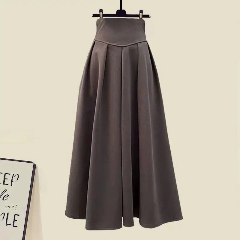 Korean Fashion Casual Skirt Sets Knitted Pullover+ Slim Umbrella Skirt Two Piece Set Plus Size Clothing - Seprincess