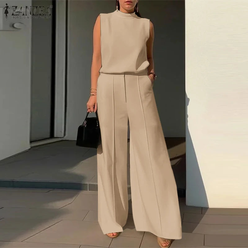 Elegant Women's Sets ZANZEA 2024 Woman 2-Piece Trouser Sets Fashion 2pcs Outfits Tank Tops and Wide Leg Pant Suits Oversize - Seprincess