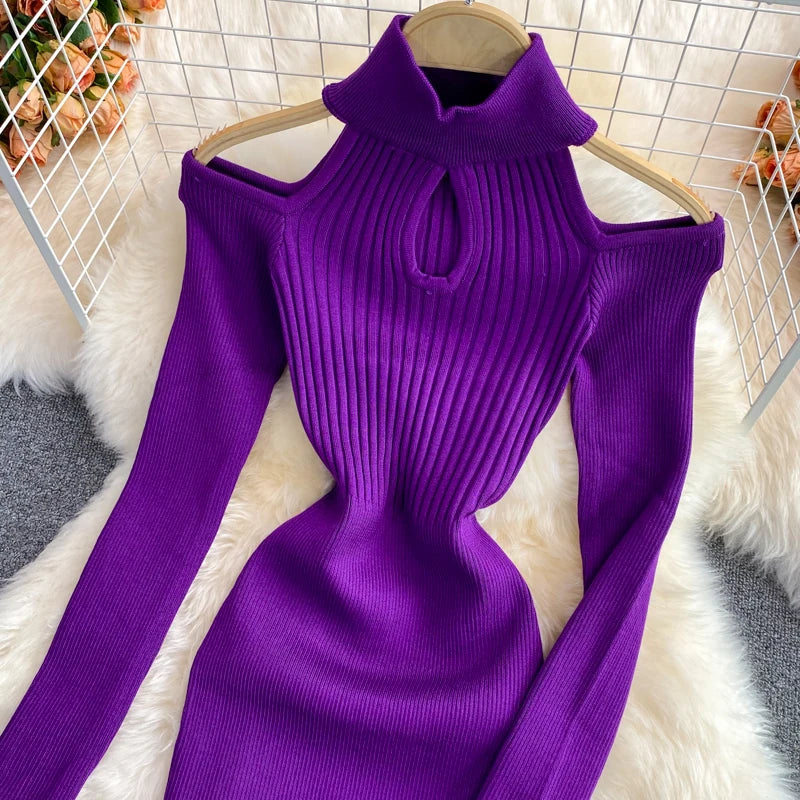 YuooMuoo Chic Fashion Sexy Wrap Hips Cut Out Shoulder Long Sleeve Knitted Autumn Dress Elegant Lady High Street Bodycon Vestido - Seprincess