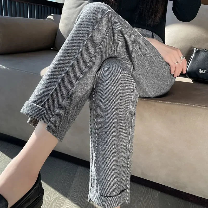 Winter Woolen Pants for Women Thicken Warm Ankle-Length Harem Pants Office Lady Khaki Elastic Waist Fashion Women's Trousers