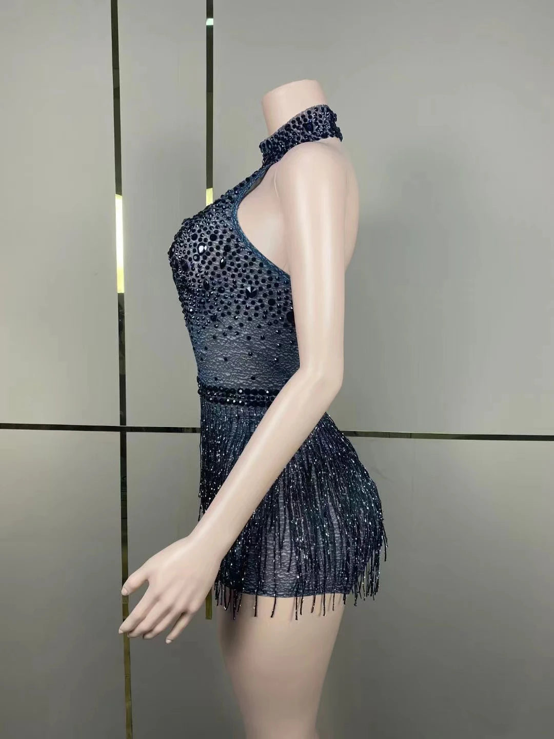 Customized New Arrival Women Sexy Strapless Mesh Tassels Bodycon Mini Dress Diamond Chain Fashion Birthday Party Performance - Seprincess