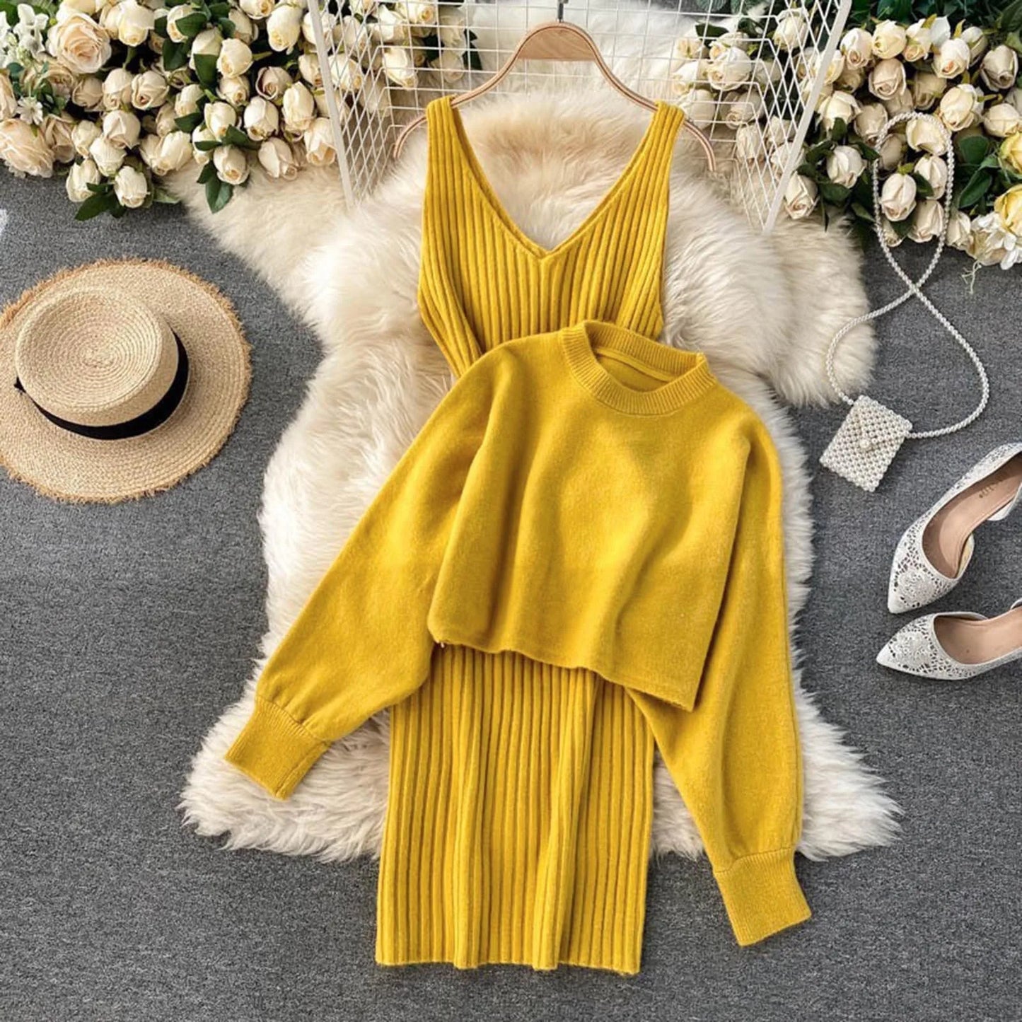 Women Autumn Winter Long Sleeve Knitted Solid Slim Elegance Tops Elastic Lazy Solid Color Knitted Dress Two Piece Dresses - Seprincess