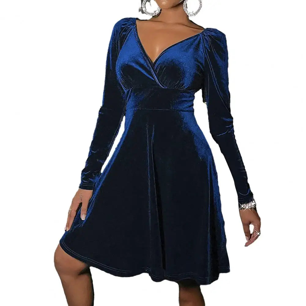 Elegant Sexy Dress Elegant V-neck Velvet Party Dresses for Women A-line Christmas Gown Long Sleeve High Waist Mini Dress - Seprincess