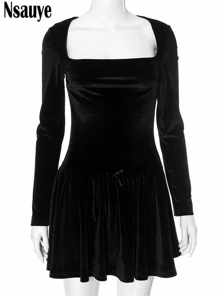 Nsauye Women Winter Black Velvet Elegant Pleated Dress Mini Square Neck Skinny Long Sleeve Sexy Party Birthday Night Club Dress - Seprincess