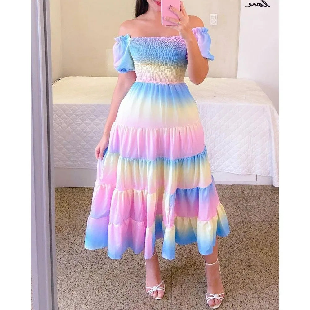 Elegant Women's Off Shoulder Midi Dress 2024 Summer Fashion dresses High Waist Flower Print Short  Sleeve Dress Robe Clothing - Seprincess