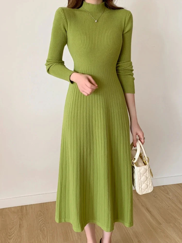 Autumn Winter 2024 Slim Long Sleeve Party Midi Dress for Women Knitted Half High Collar Elegant Knitted Sweater Dresses Ladies - Seprincess