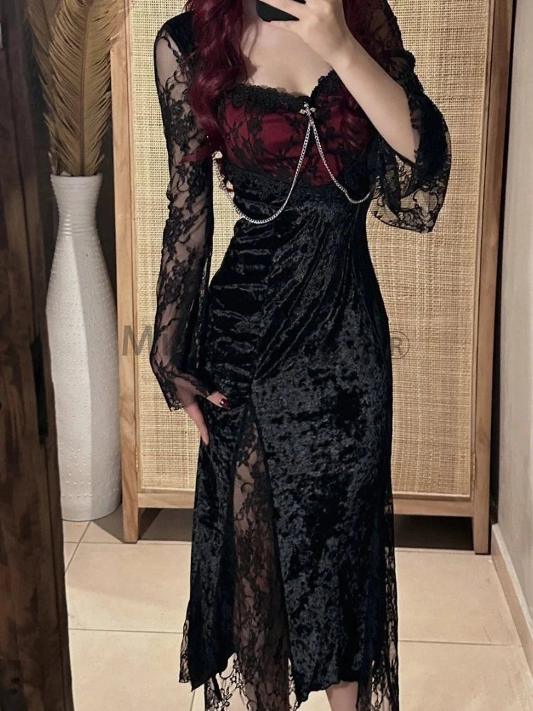 Summer Gothic Grunge Y2k Lace Dress Women Dark Academia Sexy Slim Party Dresses Korean Fashion Design Festival Long Prom Dress - Seprincess