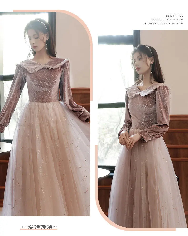 Autumn Winter Bridesmaid Dress New Women's Long Sleeve Corduroy Lace Splicing Style Dress Wedding Sisters Group Evening Dresses