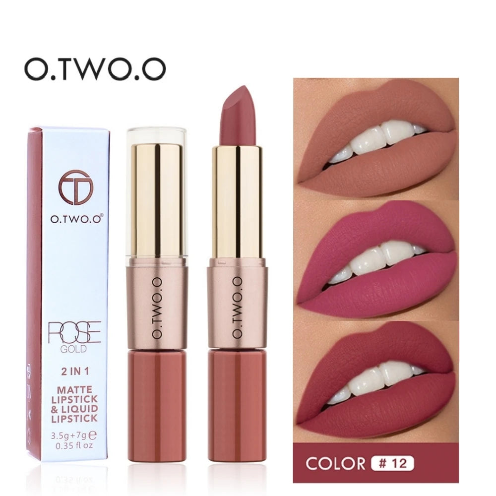 O.TWO.O 2 IN 1 Matte Lipstick&Liquid Lipstick 12 Colors Makeup Lip Glaze Waterproof Batom Lip Cosmetics Silky Texture - Seprincess