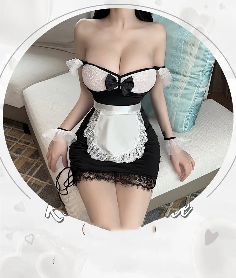 Erotic lingerie Lace deep v revealing breasts tight fitting maid uniform tempting sexy tоy body sexy. items lolita sex cosplay - Seprincess