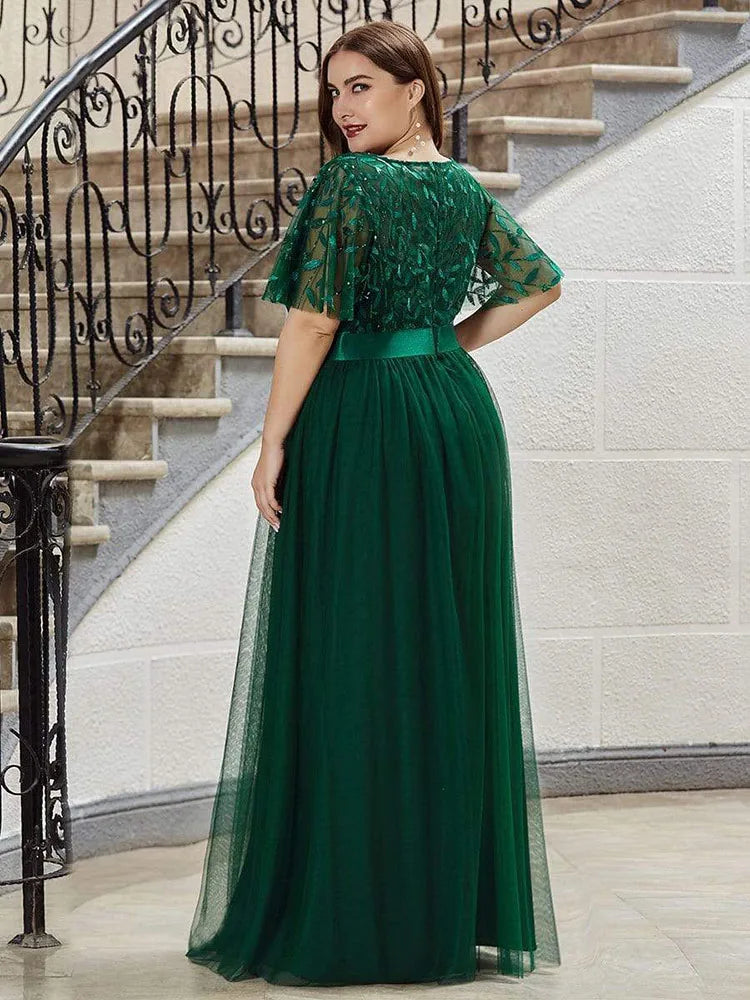 2023 NEW Plus Size Dress  Robe De Soiree Sparkle Evening Dresses Long A-Line O-Neck Short Sleeve LONG Formal Dresses