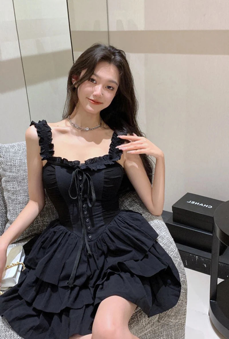 Jmprs Sexy Slip Lolita Style Black Dress Women Vintage Sleeveless Y2K Mini Dress Summer Slim Sweet Korean Lace Up Cake Dress New - Seprincess