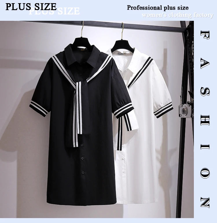 Plus size women's summer casual dress Pure cotton fabric loose comfortable shirt skirt cardigan lace decorative preppy style - Seprincess