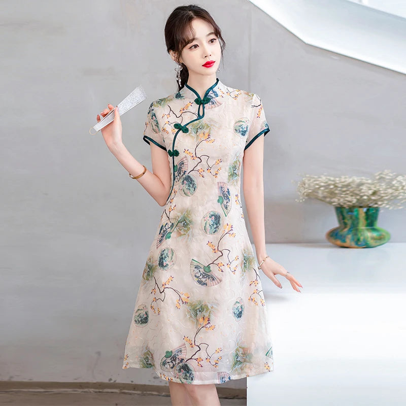 Fashion Modern Chinese Cheongsam A-line Dress Women Short Sleeve Qipao Traditional Chinese Clothes - Seprincess