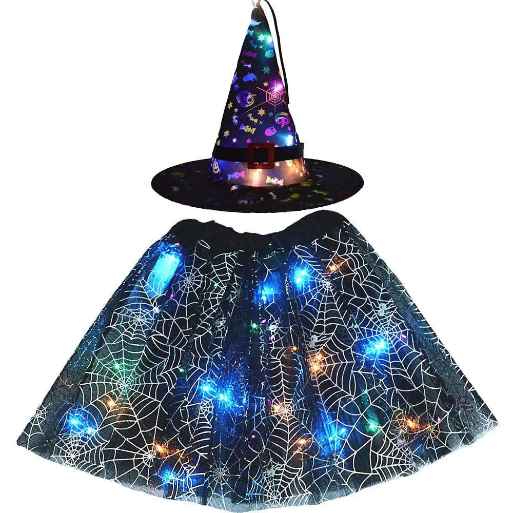 Women Kids Girl Luminous LED Glow Light Up Elf Witch Hat Star Skirt Spider Web Tutu Wizard Costume Party Gift Halloween Festival - Seprincess