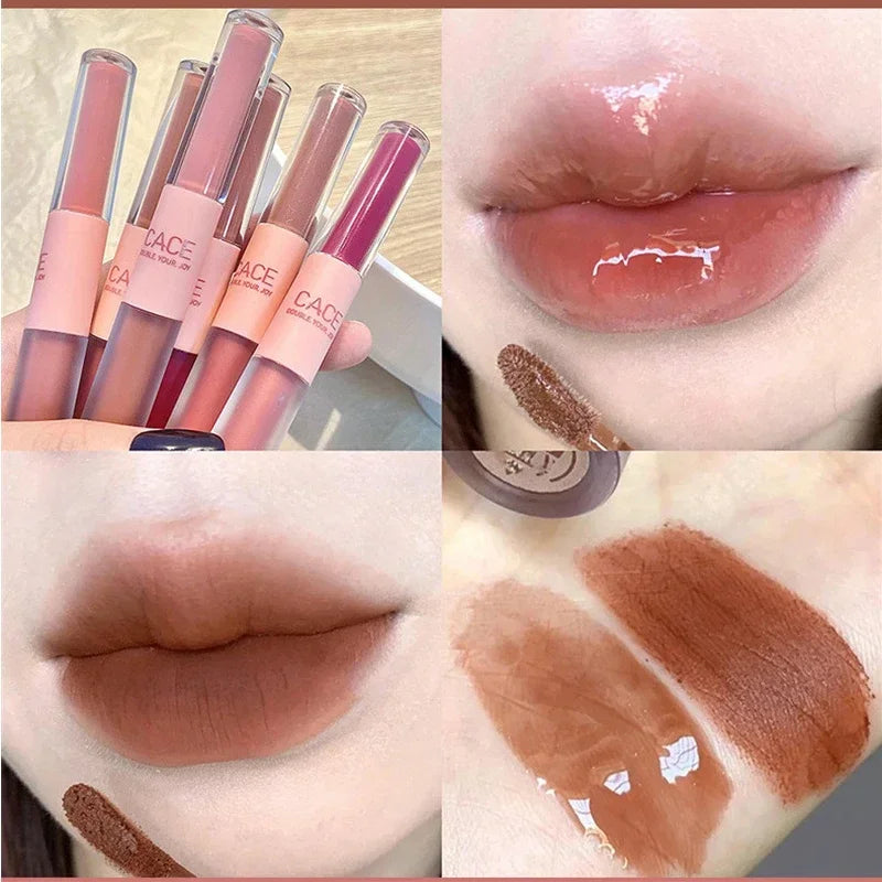 Double Head Lip Gloss Matte Velvet Sexy Red Tint Liquid Lipstick Waterproof Lipgloss Lasting Lip Glaze Korean Makeup Cosmetics - Seprincess