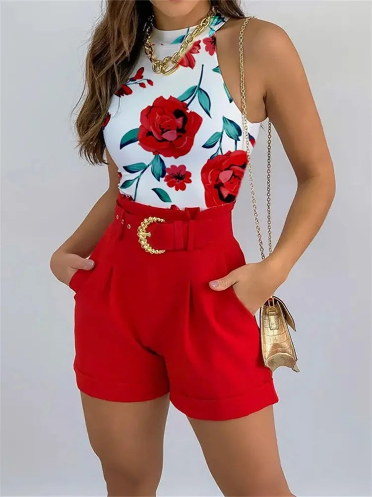 2 Piece Sets Women Outfit Women Two-piece Set, Sleeveless Floral Vest And Shorts, Fashionable Street Clothing Y2K, 2 Pieces - Seprincess