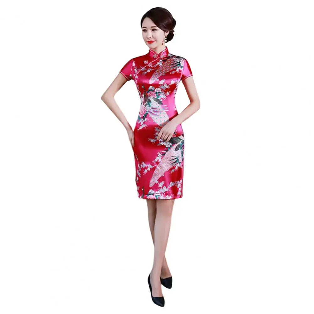 Women Cheongsam Mandarin Collar Short Sleeve Disc Buckles Side Split Lady Cheongsam Flower Print Chinese Style Qipao - Seprincess