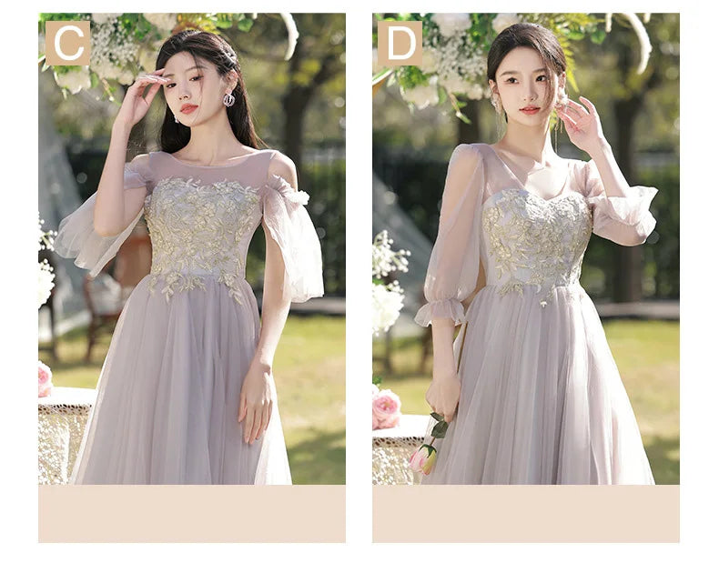 Temperament Grey Bridesmaid Dress Long Wedding Sisters Group Gown Elegant Applique Tulle Off Shoulder Banquet Party Vestido - Seprincess