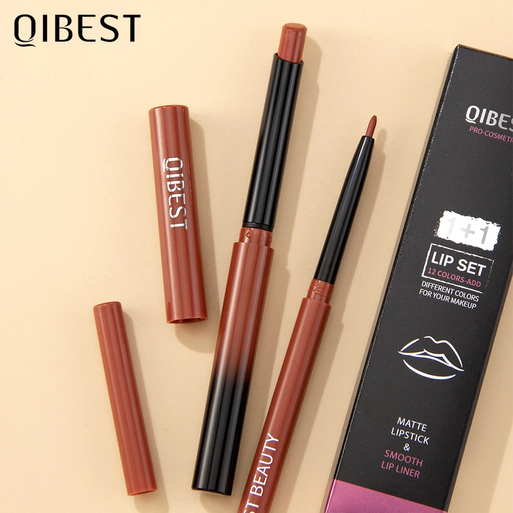 QIBEST 2pcs Matte Lipstick Lipliner Pen Makeup Set Nude Lip Liner Pencil Long Lasting Lipstick Pen Contour Waterproof Lip Stain - Seprincess