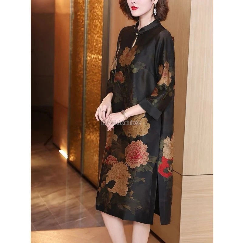 2024  chinese style disc buckle loose style printed cheongsam dress women spring stand collar retro daily long qipao skirt w300 - Seprincess