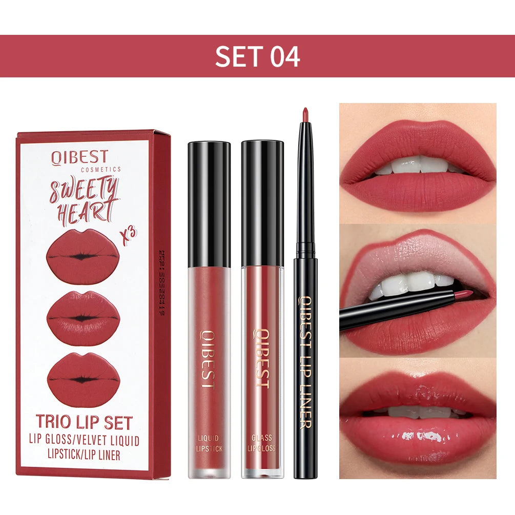 New 3pcs/set Liquid Lipstick+Lip Liner Long Lasting Cosmetic Black Brown Purple Red Matte Lip Gloss Nude Lip Tint Stain Makeup