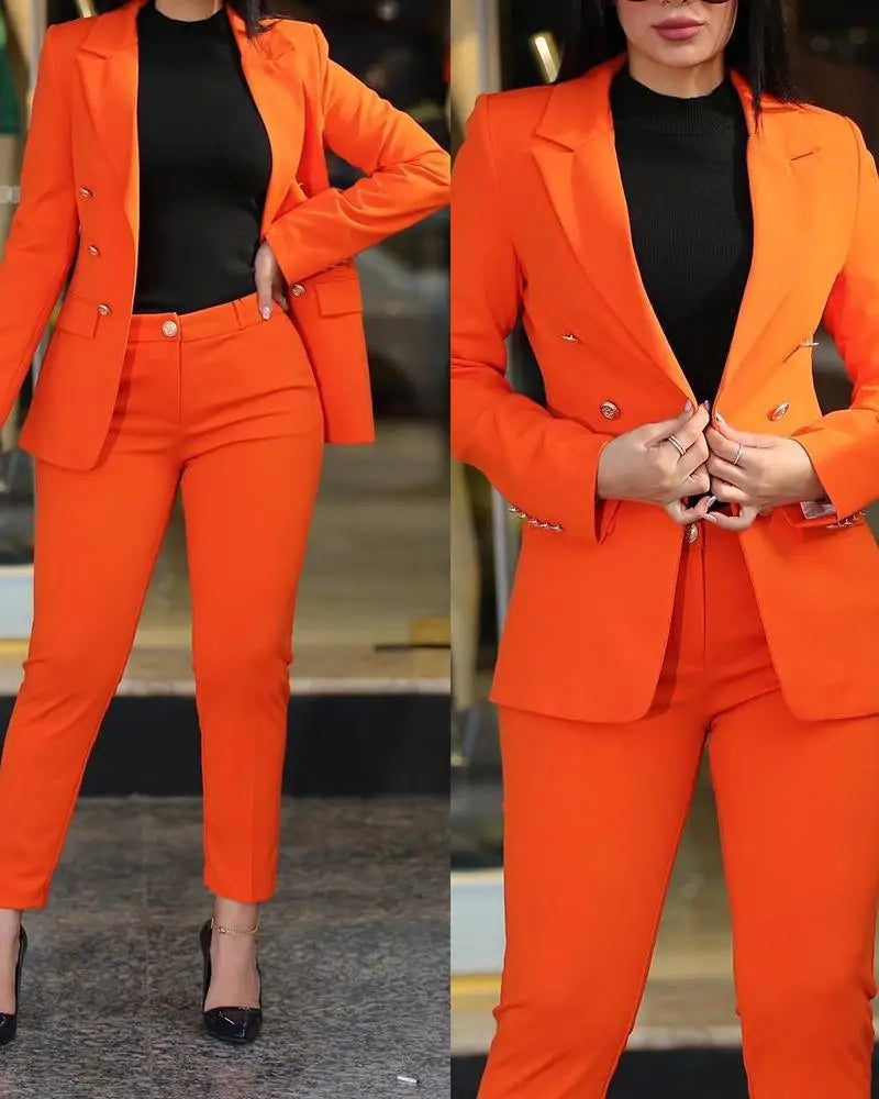 Casual Long Sleeve Suit Jacket Pants Set Office Lady Spring Autumn Elegant Solid Blouse Trousers Two Piece Set Women Outfit 2023 - Seprincess