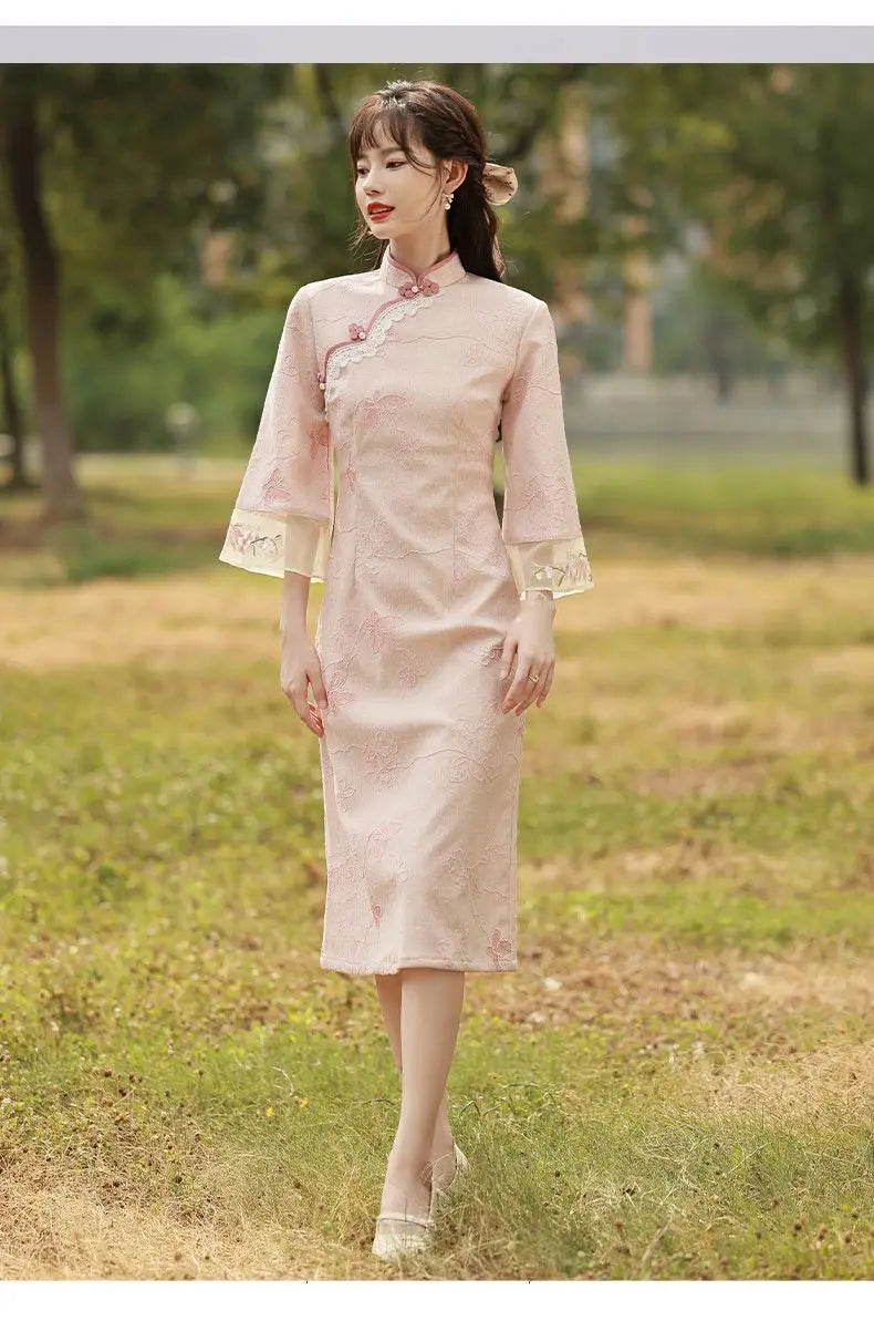 2023 New Pink Cheongsam Embroidery Lace Women Dress Vintage Long Improved Sleeve Chinese Traditional Qipao S To XXL - Seprincess