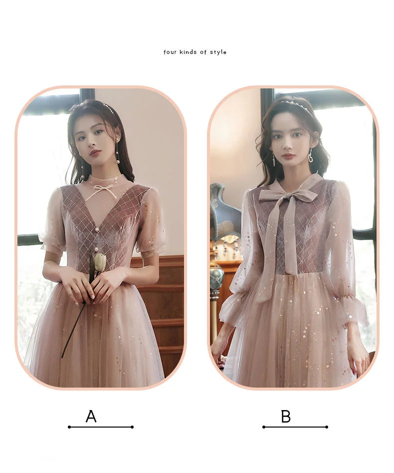 2022 New 4 Styles Bridesmaid Dress Bow Retro Elegant Long-sleeved Chic Temperament Long Evening Dress For Wedding Women Guest - Seprincess