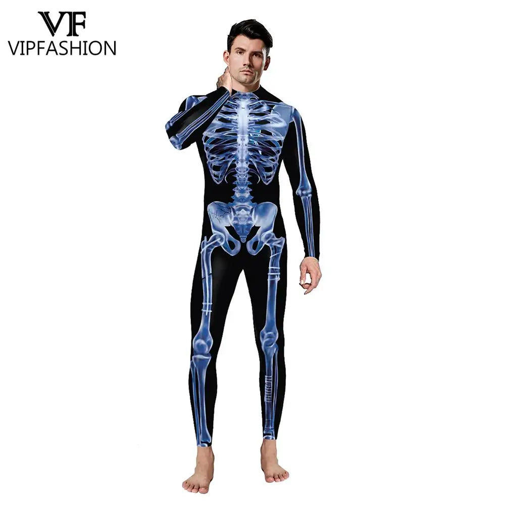 VIP FASHION Adult Skeleton Cospaly Costume Unisex Halloween Ghost Jumpsuit Carnival Party Zentai Bodysuit Scary Show Outfit Suit - Seprincess