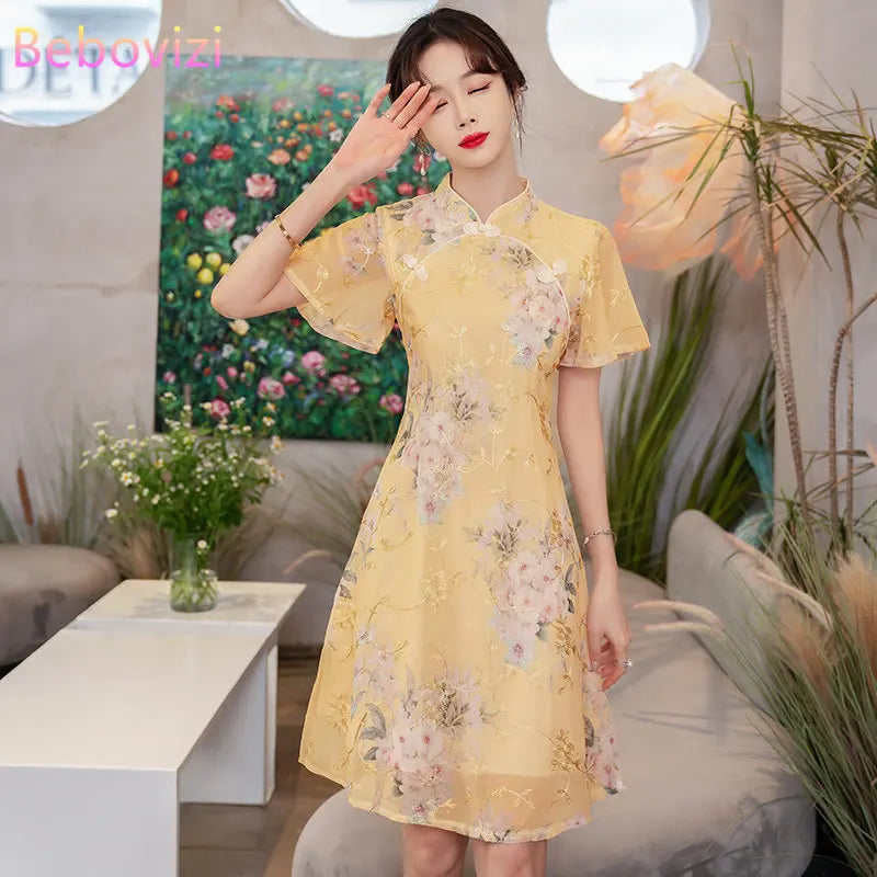 Summer Improved Young Style National Style Embroidered Floral Short Sleeve Women's Qipao Dress Chinese Traditional Cheongsam - Seprincess