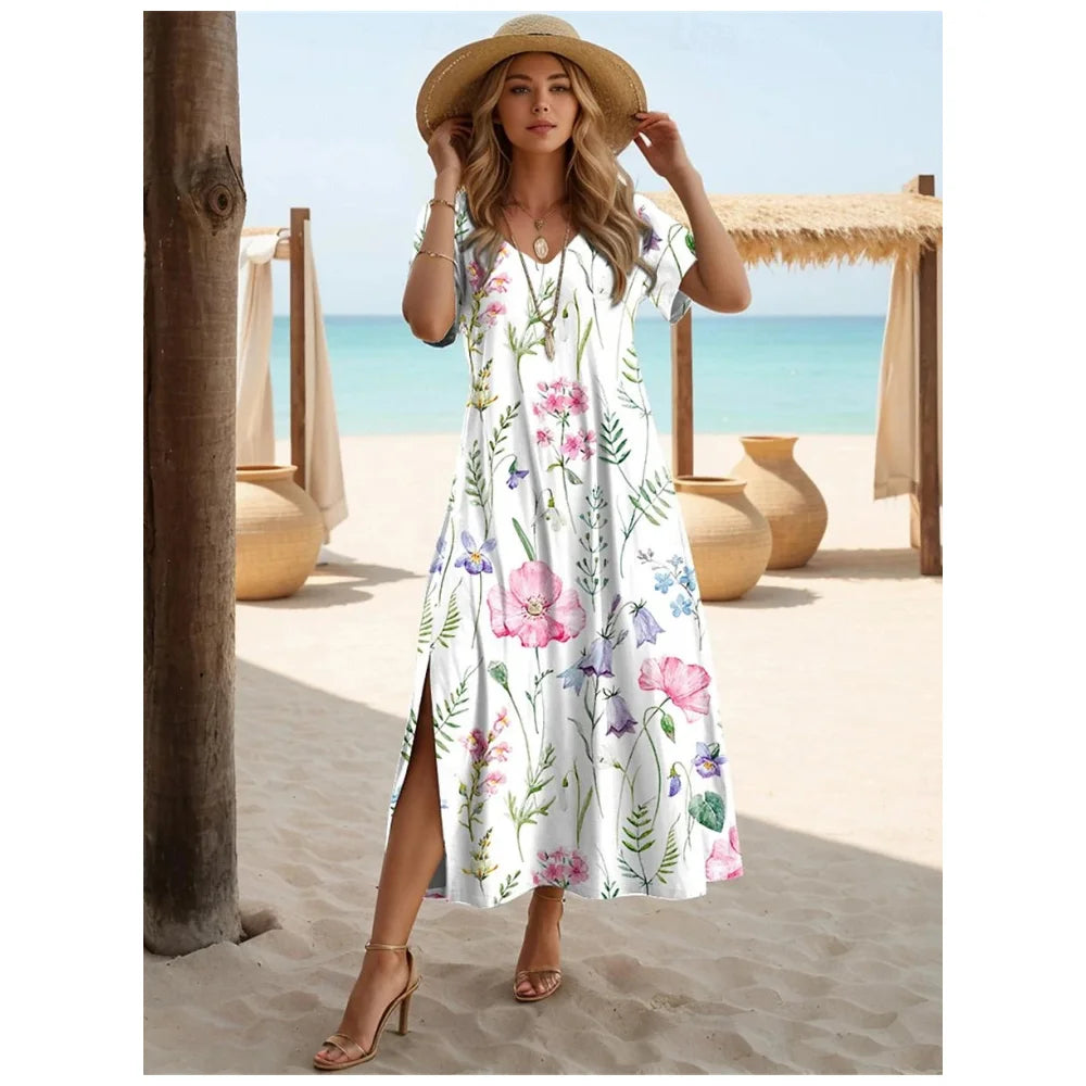 Elegant Dresses For Women Holiday V-Neck Long Dress 3d Vintage Flowers Print Short Sleeve Slit Skirt Summer New Beach Dresses - Seprincess