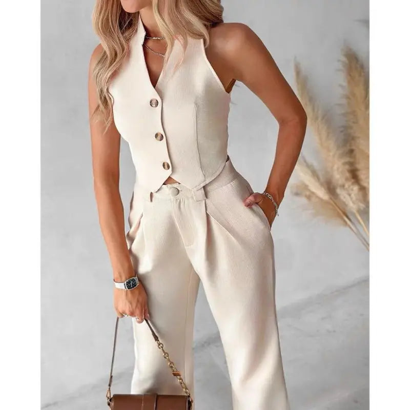 Summer New Solid Color Sleeveless Waistcoat Women Suit Fashion Slim Short Jacket Simple Elegant Female Office Pants 2 Piece Set - Seprincess