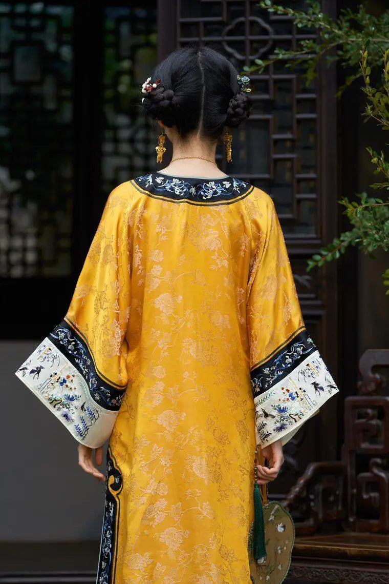 Qing Dynasty Satin Yellow Printed Cheongsam Cloak Chinese Vintage Heavy Industry Horse Face Skirt Original  Qipao Dress Modern - Seprincess