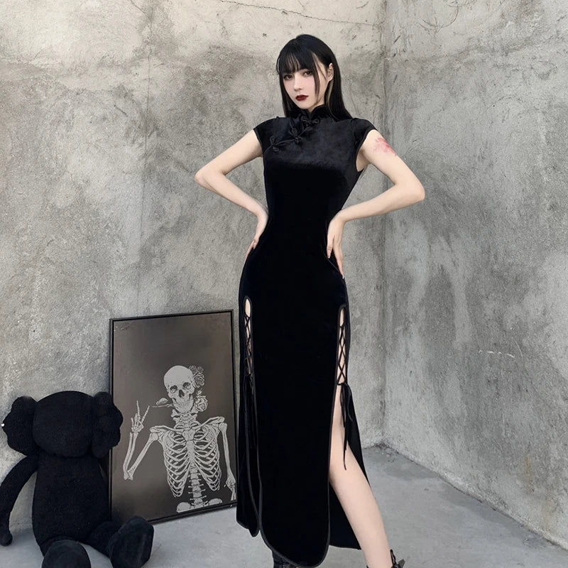 2024 Vintage Black Bandage Chinese Style Cheongsam High Split Velvet Dress Spring Retro Long Qipao Gothic Women Aesthetic Dress - Seprincess