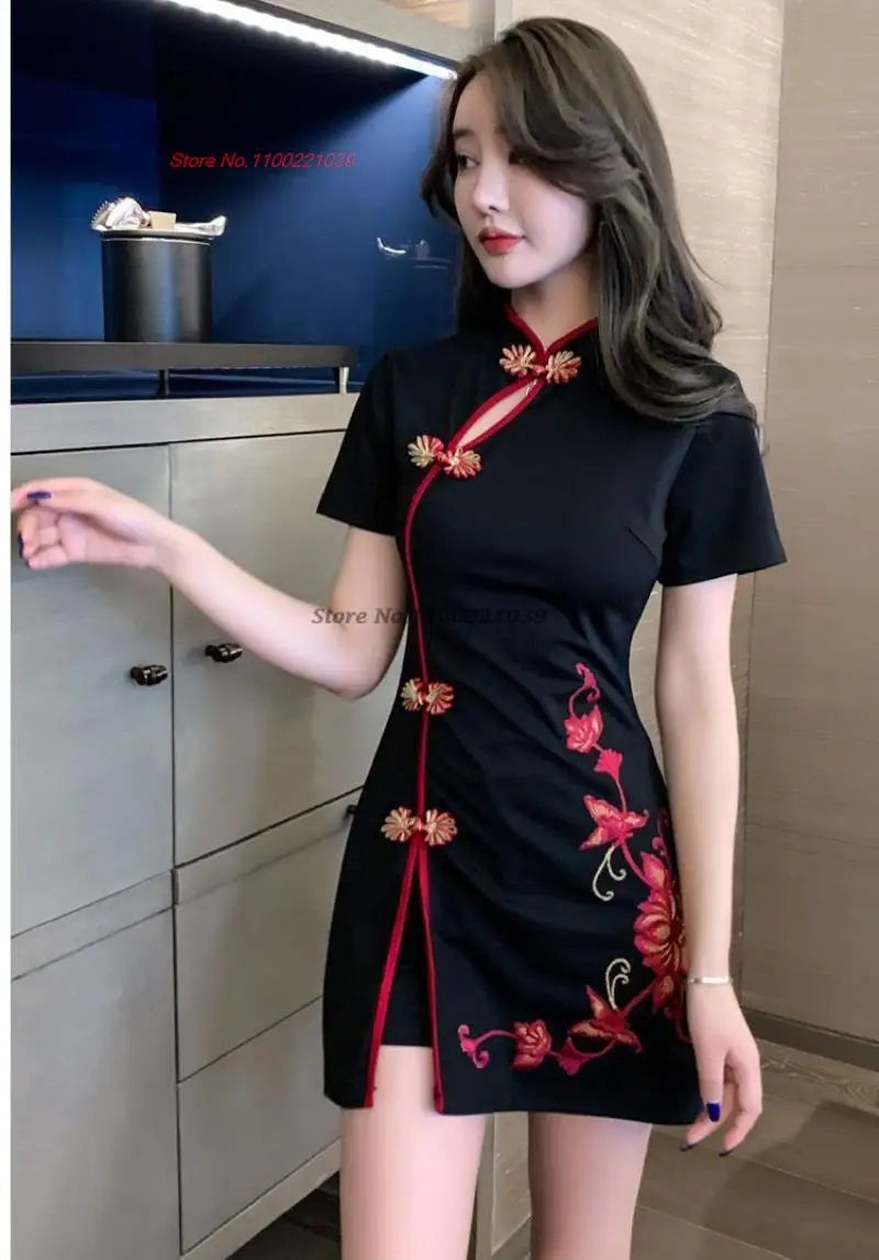 2024 chinese sexy qipao oriental party dress flower embroidery improved cheongsam nightclub banquet dress beauty spa uniform - Seprincess