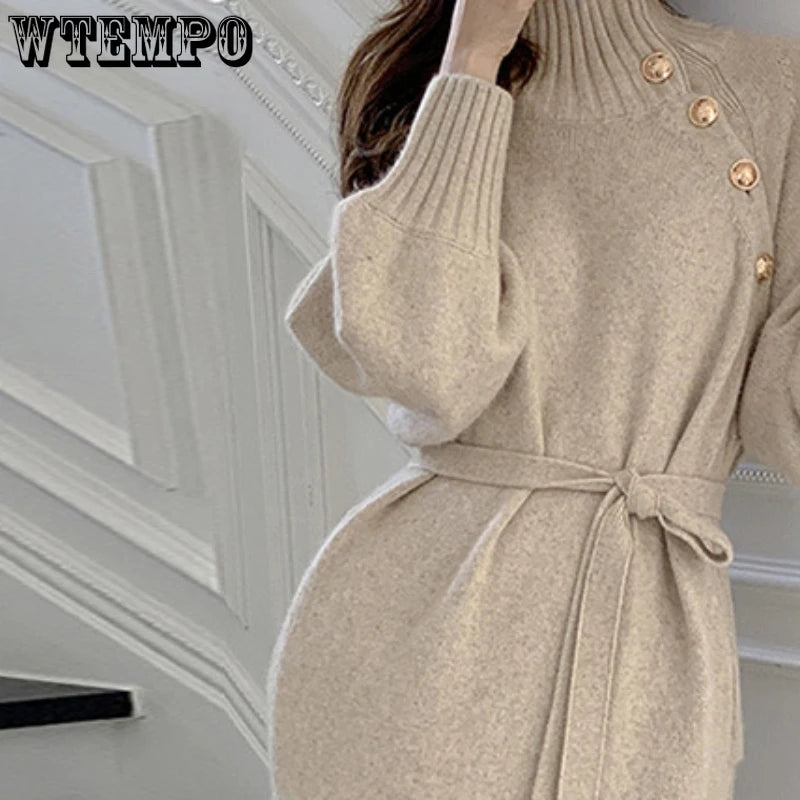 WTEMPO Women's Vintage Long Sleeve Knitwear Loose Buttoned Turtleneck Sweater Dress Autumn Winter Sexy Mid Long Knitted Dresses - Seprincess