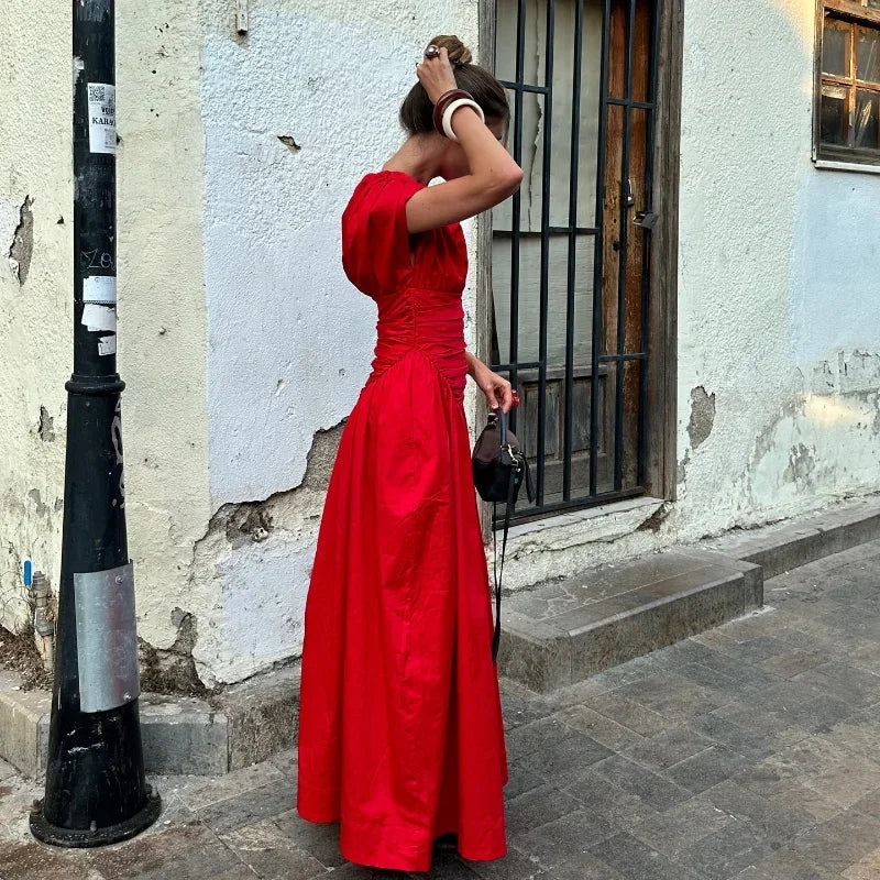 Women Red Irregular Pleated Wrap Waisted Maxi Dress Elegant O Neck Sleeveless Slim Long Dresses Chic Lady Party Street Robes - Seprincess